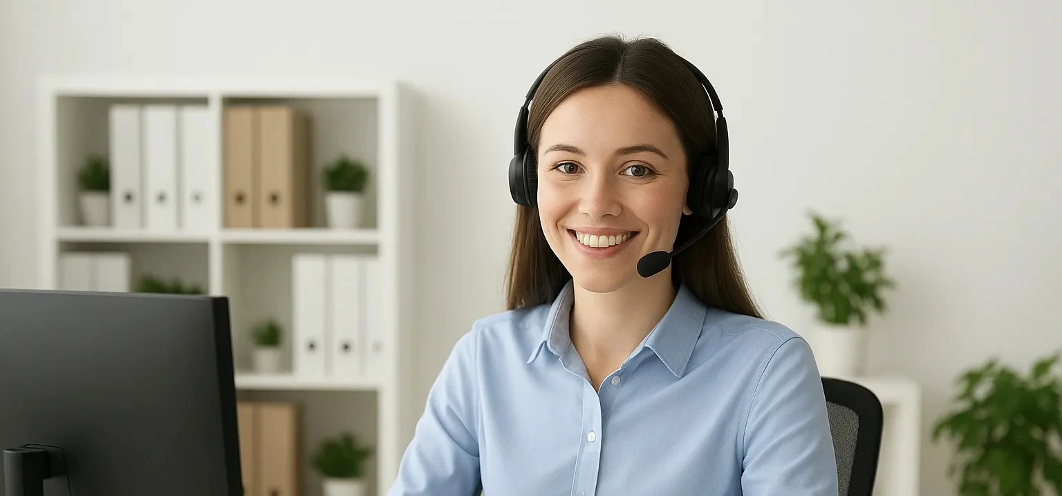 Lächelnde Kundendienstmitarbeiterin, bereit zu helfen